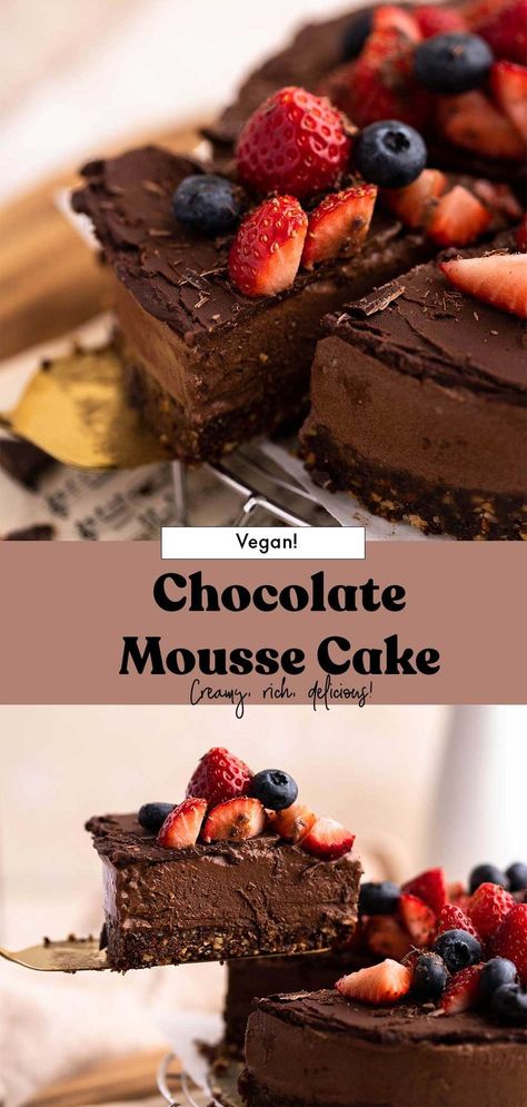 vegan chocolate mousse cake Vegan Chocolate Mousse Cake, Chocolate Mousse Cake Filling, Vegan Chocolate Mousse, Vegan Holiday Recipes, Vegan Cake Recipes, Chocolate Mousse Cake, Raw Chocolate, Strawberry Cakes, Vegan Dessert Recipes