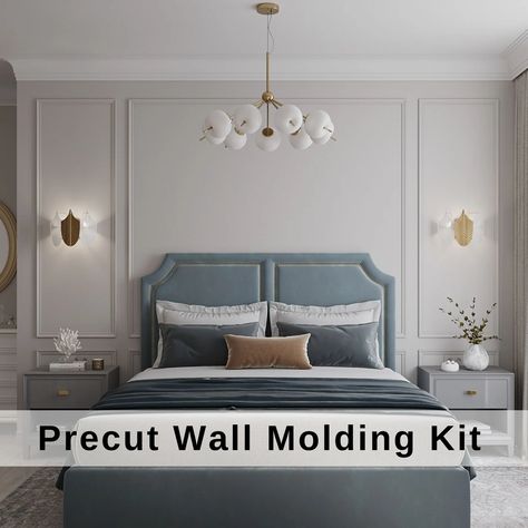 Wall Molding Bedroom Kit Wainscoting Ready Cut Set Wall - Etsy Wainscoting Kits, Wall Molding Design, Accent Wall Panels, White Wall Paneling, Wall Moulding, Wainscoting Panels, Diy Accent Wall, Bedroom Panel, Inspire Me Home Decor