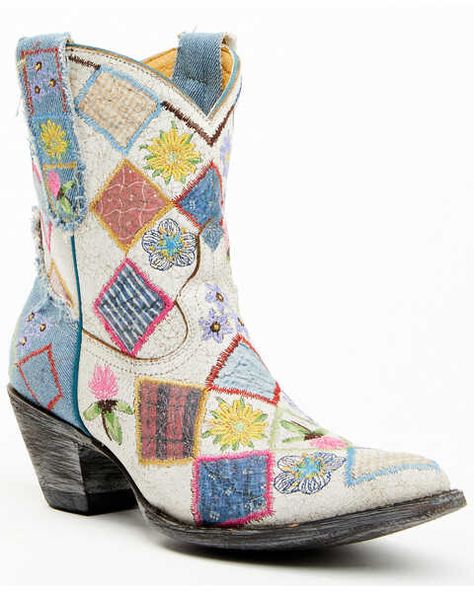 Yippee Ki Yay by Old Gringo Womens Heirloom Short Embroidered Patchwork Booties - Pointed Toe, White Patchwork Cowboy Boots, Outfits With Short Cowgirl Boots, Womens Short Boots, Thrift Board, Boots Print, Patchwork Boots, Short Cowboy Boots, Womens Cowgirl Boots, Vintage Cowboy Boots