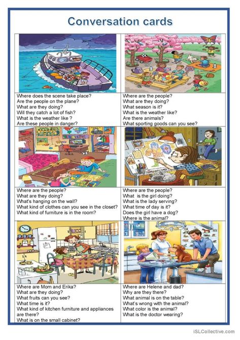 The worksheet is for young learners or students with learning difficulties, level A2-B1. They have to speak about the picture. The questions they have to answer direct the conversation and stimulate students to speak. English Conversation Learning Worksheets, Conversation Worksheets English, English Speaking Practice Conversation, English Conversation Worksheets, Speaking Worksheet, Describe The Picture, Describing Pictures, English Conversation For Kids, Speaking Activities English