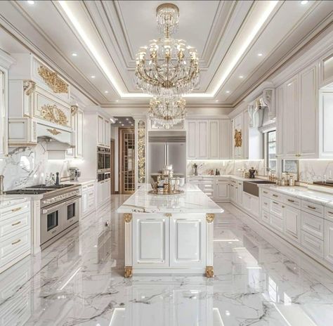 Bloxburg Castle Kitchen Ideas, Quartz With Sparkle Countertops, Dream Kitchen Design Luxury Modern, Kitchen Design Big, Old Rich House, French Style Home Interior, Big Kitchen Ideas Luxury, Huge Kitchen Luxury, Luxury Kitchen Design Mansions