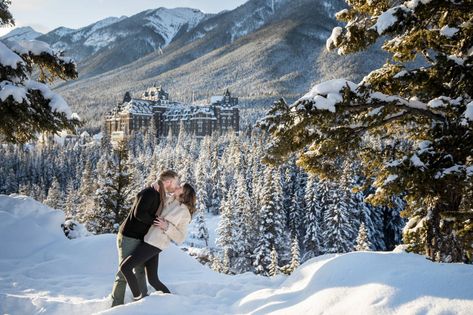 Banff Springs Hotel Surprise Proposal - Banff Proposal Photographer via Kim Payant Photography, Banff Springs Hotel Surprise Corner Winter Engagement Photos, Winter Proposal, Winter engagement, mountain engagement, Banff engagement and proposal photographer Banff Engagement Photos Winter, Banff Proposal, National Park Proposal, Lake Louise Winter, Banff Engagement, Banff Springs Hotel, Couple Photography Winter, Winter Proposal, Rocky Mountain Elopement