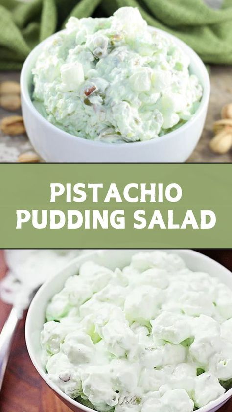 My mom is famous for this pistachio pudding salad, and while it is more dessert than salad, it's still the perfect summer side dish! Pistachio Pudding Dessert, Pistachio Pudding Salad, Pudding Salad, Pistachio Dessert Pudding, Pistachio Fluff, Deserts Recipes, Fruit Salad With Pudding, Pudding Desserts Recipes, Pistachio Dessert