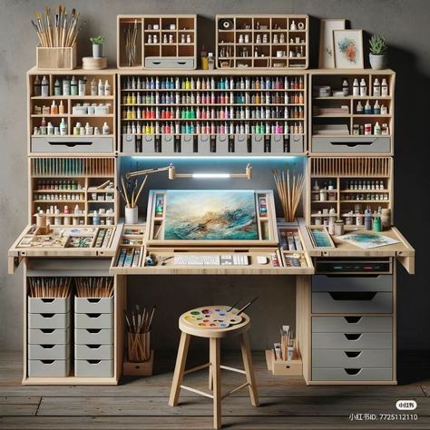 Small Art Spaces At Home, Home Art Room Ideas, Small Art Desk Setup, Small Art Studio Storage, French Art Studio, Art Studio Room Ideas Small Spaces, Mini Art Studio, Art Cupboard, Hobby Room Design