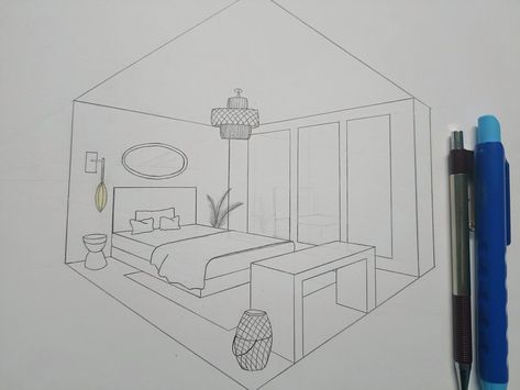 Room Decor Sketches, 3d Room Drawing, Poster Sketch, 2 Point Perspective, Interior Design Sketchbook, Robot Design Sketch, Interior Drawing, Drawing Furniture, Room Drawing