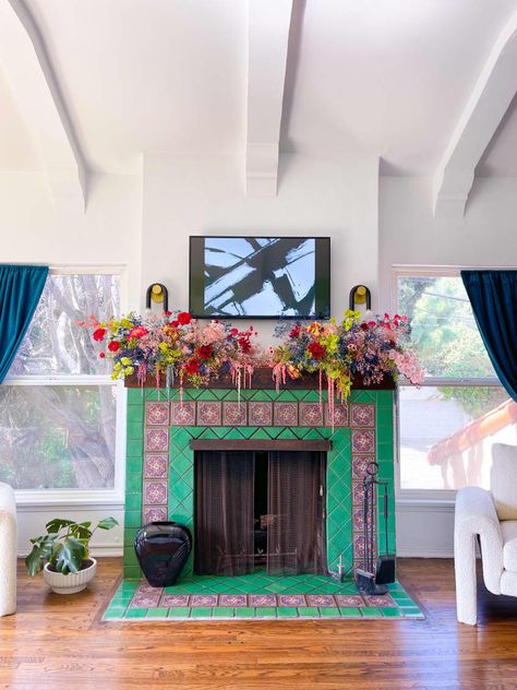 Muralist Champagne Colorful Rental Home Photos | Apartment Therapy Rental Fireplace, Champagne Living Room, Lighting Bugs, Pink Piano, Patio Lounge Furniture, Ceiling Paint, Los Angeles Apartments, Colorful Eclectic, Living Room Murals