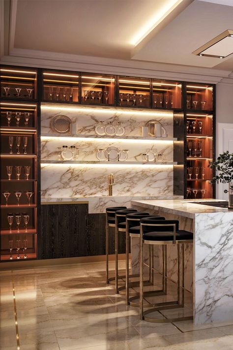 Modern Classic Bar Design, Contemporary Bar Design Home, Bar Back Wall Design, Modern Home Bar Luxury, Bar Design Ideas Home, Girl Bedroom Interior Design, Modern Home Bar Designs Luxury, Home Bar Luxury, Home Bar Designs Luxury