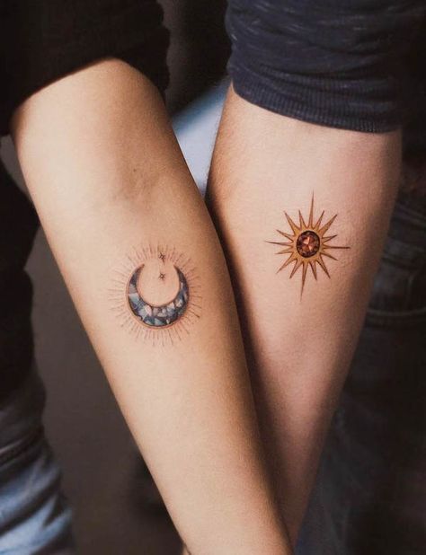 Colored Matching Tattoos, Bohemian Sun And Moon Tattoo, Celestial Couple Tattoo, Sun And Moon Mother Daughter Tattoo, Colorful Sun And Moon Tattoo, Moon And Sun Tattoo Matching, Sun And Moon Tattoo Designs For Women, Matching Celestial Tattoos, Twitches Sun And Moon Tattoo