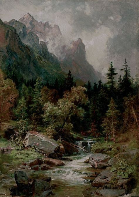 Landscape Paintings Mountain, Land Painting, Bob Ross Paintings, River Painting, Scenery Pictures, Great Paintings, Watercolor Trees, Vintage Landscape, Mountain Paintings