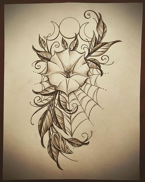 Tina Greer on Instagram: “Moon flower ✨🌙✨ Email if you’re interested...link in bio 🖤 thanks for looking #moonflower #moonflowertattoo #spiderwebtattoo #witchythings…” Flowers Stars Tattoo, Moonflower Vine Tattoo, Sun And Moon Drawing Ideas, Floral Moon Design, Witchy Flowers Drawing, Flowers And Spider Web Tattoo, Floral Moon Drawing, Moonflower Tattoo Design, Flower Tattoos Dark