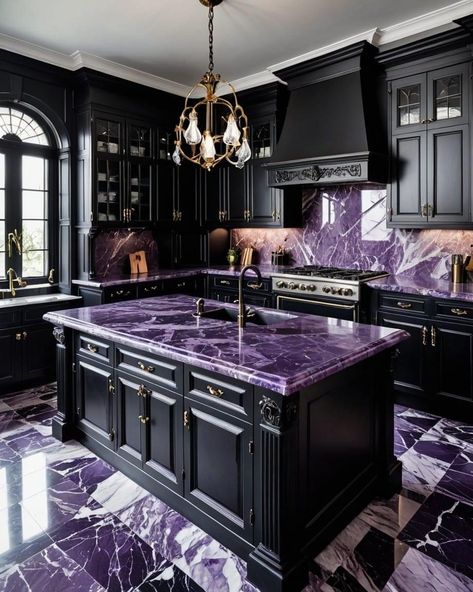 Kitchen With Black Cabinets, All Black Kitchen, Kitchen With Marble, Black Kitchen Design, Gothic Kitchen, Modern Black Kitchen, Black Granite Countertops, Black Kitchen Island, Black Kitchen Cabinets