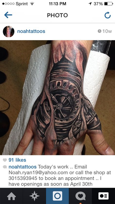 Turbo tattoo .hand tattoo . Black and grey .. Car Guy Tattoos Sleeve, Mechanic Hand Tattoo, Turbo Tattoo Ideas, Turbo Tattoo Design, Hand Tattoo Black And Grey, Mechanic Tattoo For Men, Craziest Tattoos, Gear Head Tattoo, Turbo Tattoo