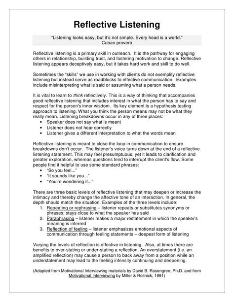 Counseling Skills, Listening Worksheet, Reflective Listening, Counseling Techniques, Clinical Social Work, Motivational Interviewing, Relationship Therapy, Mental Health Counseling, Counseling Activities