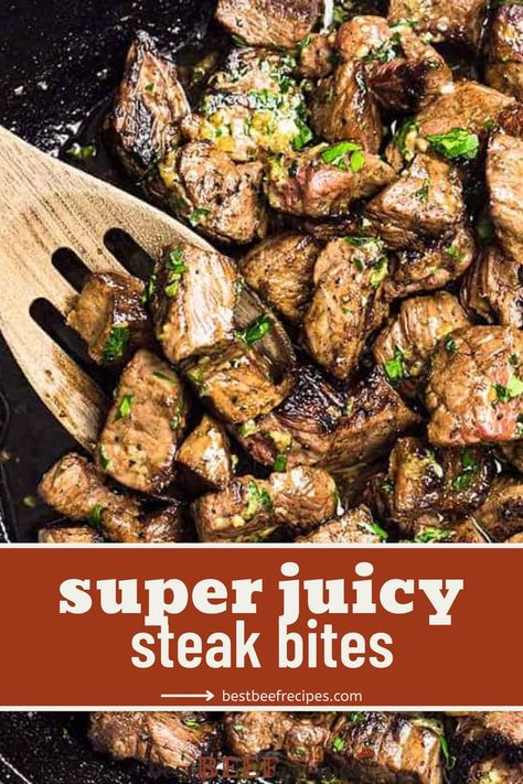 Juicy steak cut into bites and covered in garlic butter. Sirloin Steak Tips, Juicy Steak Bites, Garlic Steak Bites, Sauteed Steak, Ways To Cook Steak, Garlic Butter Steak Bites, Healthy Steak, Butter Steak Bites, Balsamic Steak