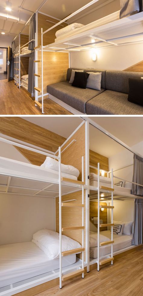 In this modern Bangkok hostel, the dormitory rooms have been set up with bunk beds, each with individual privacy curtains. Bunk Beds For Boys Room, Modern Loft Bed, Dormitory Room, Modern Bunk Beds, Hostels Design, Hostel Room, Bedroom Contemporary, Bunk Rooms, Cool Bunk Beds