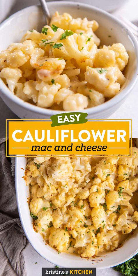 This Cauliflower "Mac" and Cheese is so creamy, cheesy and flavorful that you won't miss the pasta one bit. Nutritious cauliflower plays a starring role in this delicious low carb mac and cheese recipe. The best comfort food! Low Carb Mac And Cheese, Cauliflower Mac And Cheese Recipe, Healthy Mac N Cheese, Easy Mac N Cheese, Keto Sides, Cauliflower Mac And Cheese, Easy Cauliflower, Creamy Cauliflower, Cauliflower Cheese