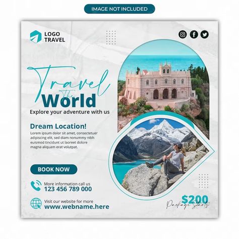 Premium PSD | Social media travelling post or travel business agency promotion square banner template Square Template, Digital Advertising Design, Facebook Post Design, Digital Marketing Design, Social Media Poster, Social Media Design Inspiration, Graphic Design Lessons, Promotional Design, Travel Business