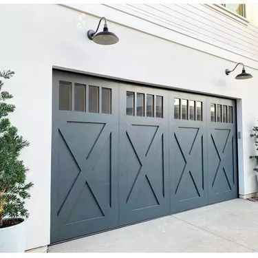 Blue Garage Door Ideas and Inspiration | Hunker Blue Garage Door, Grey Garage Doors, Garage Door Ideas, Blue Garage, Garage Door Colors, Double Garage Door, Farmhouse Garage, Garage Door Styles, Garage Exterior