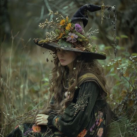 Flower Witch Costume, Nature Witch Aesthetic Outfit, Garden Witch Aesthetic Outfit, Fancy Witch Costume, Forest Witch Outfit, Forest Witch Costume, Witch Projects, Witch Scarecrow, Witch Portrait