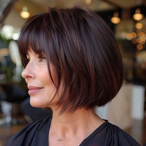 47 Layered Bobs With Bangs To Try This Year Medium Short Bob Haircut, Hairstyle Long Bob With Bangs, Haircut Tucked Behind Ear, Layered Bob Fine Hair Over 50, Bob For Thick Hair With Bangs, Layered Bob Hairstyles For Fine Hair With Bangs, Chin Length Bob Back View, 50 Year Old Bob Hairstyle, Bob For Thick Hair Over 50