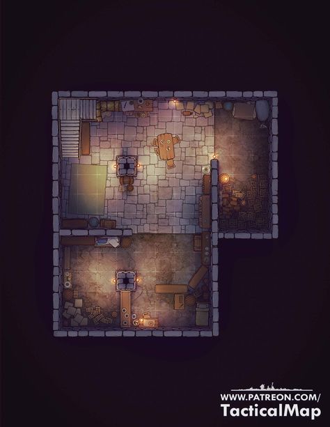 This is one of the basement maps you can add to any map of mine. Simply mark the entrance to the basement in any house and drag the player characters onto that map. Tavern Basement Dnd Map, House Battle Map Dnd, Dnd Basement Map, Basement Battlemap, Dnd Basement, Mansion Battlemap, Fantasy Basement, Fantasy Cabin, Map House