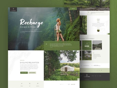 Eco Retreats Homepage Concept by Anna Karatcheva | Dribbble | Dribbble Nature Website Design Inspiration, Nature Inspired Website Design, Retreat Website Design, Eco Website Design, Natural Website Design, Healing Website Design, Nature Web Design, Brand Pallete, Nature Website Design