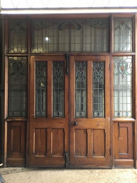 Grand 18th Century Chapel Double Doors w Stained Glass - Authentic Reclamation Stained Glass Wooden Door, Olinda, French Doors Victorian, Vintage Glass Front Door, Victorian Sliding Doors, Leaded Glass French Doors, Library Glass Doors, Entryway Double Doors, Vintage Glass Doors