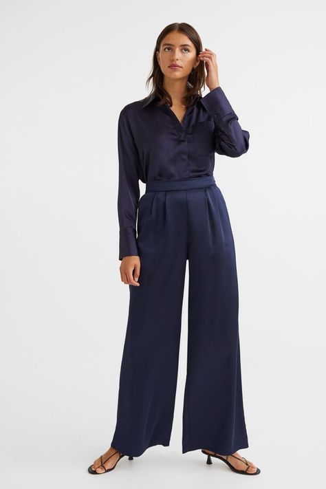 Wide-cut Satin Pants - Dark blue - Ladies | H&M US Blue Satin Pants Outfit, Navy Blue Monochromatic Outfit, Blue Monochrome Outfit, Blue Monochromatic Outfit, Blue Satin Pants, Satin Pants Outfit, Striped Wide Leg Trousers, Blue Monochrome, Wide Legged Jeans