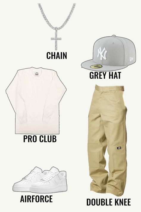 Explore this urban men's outfit idea featuring a bold cross chain, comfortable baggy khaki pants, and a classic plain Pro Club tee shirt. Paired with crisp white sneakers and topped off with a stylish grey hat, this ensemble balances casual comfort with streetwear sophistication, making it perfect for everyday wear or a casual outing Khaki Hat Outfit Men, Outfits For Grey Dunks, Cool Fits For Guys, Tupac Outfit Ideas, Grey Jordans Outfit Men, White Boy Streetwear, White Cap Outfit Men, Proclub Outfits Men, White Sneakers Men Outfit