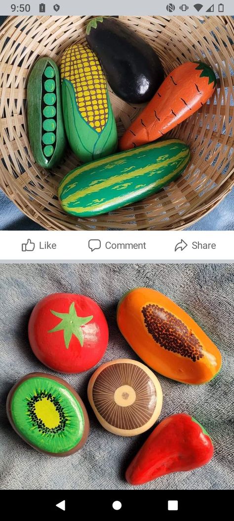 Rock Painting Food Stones, Painted Rocks Food Stones, Rock Fruit Painting Ideas, Painted Rocks Fruits And Vegetables, Painted Garden Rocks Vegetables, Rock Play Food, Rock Painting Fruits And Veggies, Fruit Rock Painting Ideas, Cute Rock Painting Ideas Easy Food