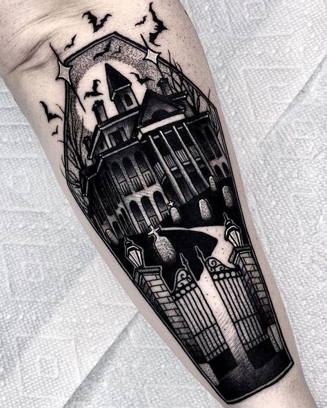 The Haunted Mansion✨ #hauntedmansion . . . #blackwork #inkedmag #dotworker #hauntedmansiontattoo #disneytattoo #dotworktattoo #tattoosnob… Haunted Mansion Tattoo, Haunted House Tattoo, Coffin Tattoo, Halloween Tattoos Sleeve, Horror Tattoos, House Tattoo, Creepy Tattoos, The Haunted Mansion, Spooky Tattoos