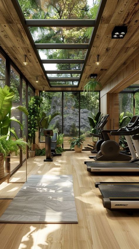 Healthy Luxury Lifestyle, Gym Aesthetic Interior, Yoga Gym Design, Gym And Health Aesthetic, Home Outdoor Gym Ideas, Home Gym Layout Plan, Indoor Outdoor Home Gym, Home Yoga Studio Design Ideas, Modern Apartment Design Luxury