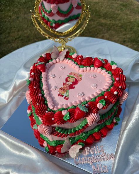 Strawberry Shortcake Bday Cake, Strawberry Shortcake Character Cupcakes, Strawberry Shortcake Heart Cake, Strawberry Shortcake Cake Ideas, Strawberry Shortcake Sweet 16, Cute Birthday Themes For Women, Cherry Theme Cake, Strawberry Shortcake Character Cake, Strawberry Shortcake Strawberries