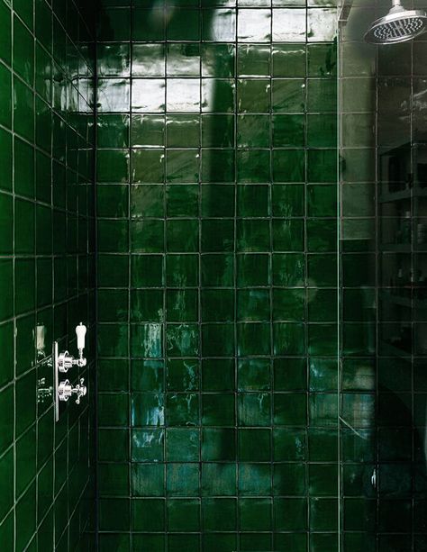 The Notting Hill home of designer Matilda Goad Matilda Goad, Tiled Bathroom, Topps Tiles, Dark Green Aesthetic, Slytherin Aesthetic, Salon Interior Design, Green Tile, Green Interiors, Green Bathroom