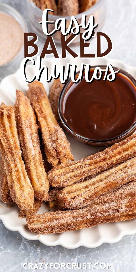 Easy Baked Churros turn out perfectly every time - bake them instead of frying - makes them easier and less greasy! Recipes For Churros, Oven Baked Churros, Baked Churros Recipe Easy, How To Make Churros Easy Recipe, Oven Churros, Churros Recipe Air Fryer, Filled Churros Recipe, Mexican Dessert Recipes Easy Simple, Baking Recipes Desserts From Scratch