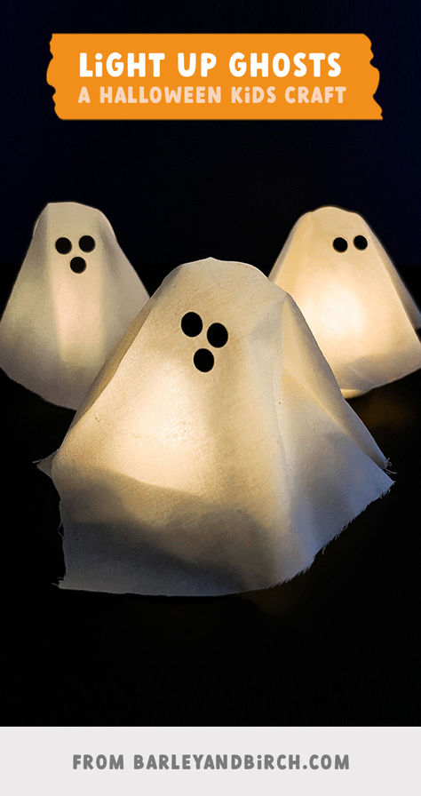 Our light-up mini ghost craft for kids Halloween activities Ghost Games For Kids, Ghost Craft For Kids, October Kids, Halloween Ghost Craft, Diy Ghost Decoration, Halloween Diy Kids, Tea Light Crafts, Ghost Craft, Halloween Luminaries