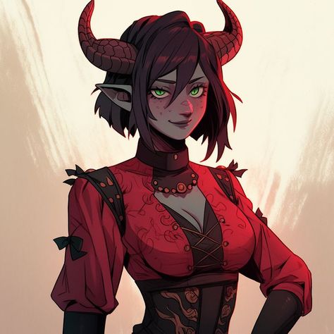 Hexblood Dnd Character Female, Short Hair Female Character Design, Tiefling Female Character Design, Dnd Tiefling Female, Female Tiefling Art, Victorian Fantasy Art, Tiefling Girl, Dnd Demon, Demon Dnd