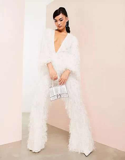 Up to 80% off! Feather Jumpsuit, Asos Jumpsuit, Plaid Trench Coat, Curvy Bride, Bridal Jumpsuit, Wedding Jumpsuit, Feather Wedding, Embellished Denim, Feather Design