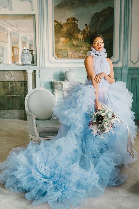 Blue Wedding Gowns, Colored Wedding Dress, Ruffle Gown, Blue Wedding Dresses, Blue Tulle, Urban Wedding, Blue Bridal, Muted Blue, Soft Tulle