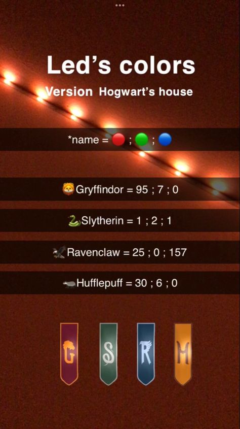 Harry Potter Led Light Colors, Led Light Color Diy Christmas, Harry Potter Led Lights, Christmas Led Lights Diy Colors, Led Light Combos, Cute Led Light Colors, Custom Led Light Colors, Led Combinations, Led Combos