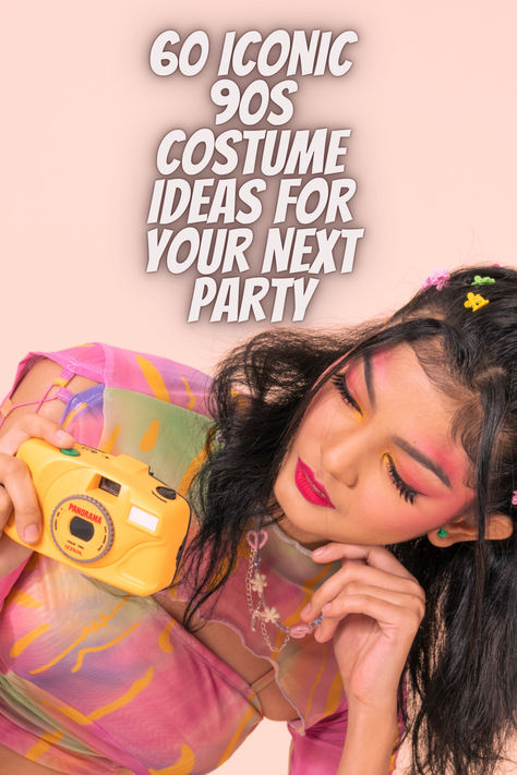 Woman in a colorful 90s-style shirt and bold makeup holding a yellow camera, with text overlay "60 Iconic 90s Costume Ideas for Your Next Party." 90s Characters Costumes, Iconic 90s Costume, Dress Up As A Celebrity Spirit Week, 90s Costumes Women, 90s Pop Culture Costume, 90 Costume Ideas, Icons Costume Ideas, Iconic 90s Characters, 90s Costume Ideas Woman Movie Characters