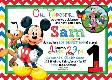 Free Printable Mickey Mouse 1st Birthday Invitation Mickey Mouse Birthday Theme, Mickey Mouse Bday, Mickey Mouse Birthday Invitations, Mickey Mouse Clubhouse Birthday Party, Mickey Mouse Clubhouse Party, Mickey Mouse 1st Birthday, Mickey Mouse Clubhouse Birthday, Invite Ideas, Mickey Mouse Parties