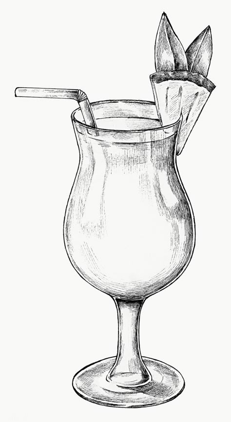 Wine Glass Drawing, Glass Drawing, Pineapple Cocktail, Cocktail Illustration, Food Sketch, Pen Art Drawings, Seni Dan Kraf, Object Drawing, Pencil Shading