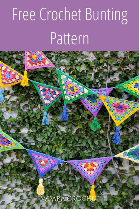 Crochet Birthday Decorations, Crochet Buntings, Crochet Banner Pattern Free, Crochet Birthday Garland, Crochet Garland Pattern, Granny Square Bunting, Crochet Garlands, Crochet Banner, Bunting Crochet Patterns Free