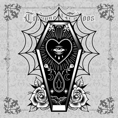 Canadian traditional style tattoo design artwork blackwork black ink roses moon star gem spiderweb available design Canadian artist Toronto Ontario Canada tattoo Cute Poison Tattoo, Your Coffin Or Mine Tattoo, Gothic Coffin Art, Cute Coffin Tattoo, Coffin Sketch, Small Coffin Tattoo, Tattoo Mapping, Coffin Tattoo Ideas, Traditional Coffin Tattoo