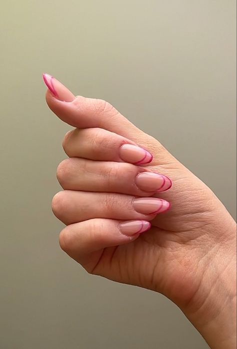 French Tip W Line Under, French Tip And Lines Nails, Pink French Tip Outline Nails, French With Line Nails, French Nails Lines, Magenta French Nails, Berry French Tip Nails, Two Line French Nails, Pink Line Nails