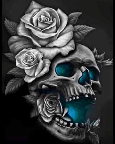 Blue Skull Tattoo, Crucifix Tattoo, Skull Photo, Skull Rose Tattoos, Tattoo Pics, Skull Art Tattoo, Sugar Skull Artwork, Rose Drawing Tattoo, Drawing Skull