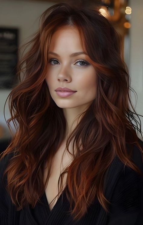 Brown red copper Subtle Auburn Hair Brunettes, Auburn Hair Color Cool Skin, Winter Red Hair Color Ideas, Copper Hair With Auburn Lowlights, Fall Hair Copper Brown, Brown On Top Red On Bottom Hair, Dark Copper Hair Olive Skin, Copper Hair For Brown Eyes, Copper Brown Hair Green Eyes