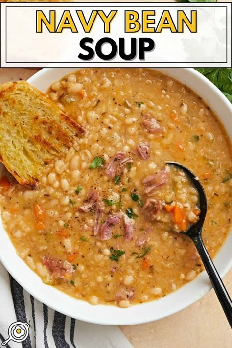 Navy Bean Soup Yankee Bean Soup, Creamy Navy Bean Soup, Thick Ham And Bean Soup, Navy Bean Soup With Ham Bone, Dry Navy Bean Recipes, Ham And Navy Bean Soup Recipes, Navy Bean Soup Instant Pot, Bob Evans Bean Soup Recipe, Yankee Bean Soup Recipe