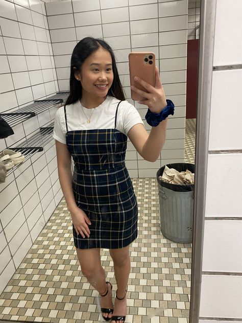 white t-shirt under a plaid slim dress... 💓 Dress With A Shirt Under, Dress With White Top Underneath, White Tee Under Dress Outfit, White T Shirt Under Dress, Sundress With Shirt Underneath, T Shirt And Dress Outfit Layering, White Tee Under Dress, Dress With White Shirt Under, Top Under Dress Outfits